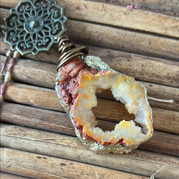 Gold and Brown Bohemian Necklace with Crystal Pendant - Picture 3 of 10